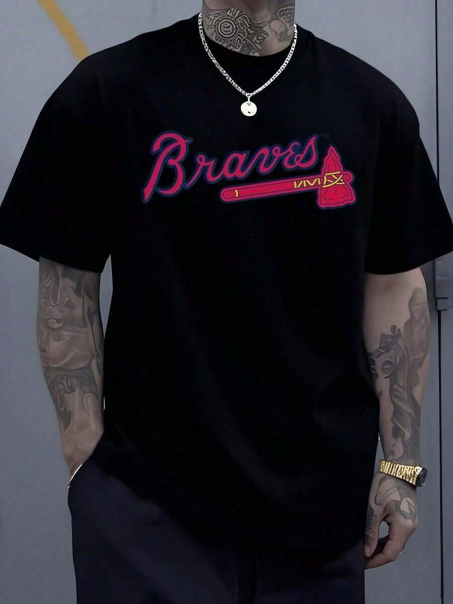 1pcs Braves Letter Graphic Men's 220g Sports T Shirt Casual Streetwear 100% Cotton Tee Vintage Style Digital Printed T Shirt - 黑色 - 查看 1