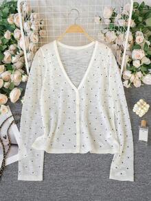 女士波点V领长袖针织罩衫，轻薄透气，休闲甜美，春夏款 - 杏色 - 查看 8