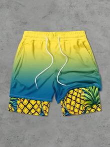 Men's Pineapple Print Double-Layer Beach Shorts, Vacation Style - Multicolor - View 3