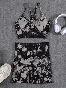 Bộ đồ thể thao nữ không đường may, nhuộm màu tie-dye gồm 2 món: áo hai dây và quần đùi cạp cao, thích hợp cho tập yoga và gym. - màu đen - Xem 8