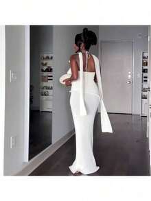 New Women's Clothing Neck Halter Elegant Pure White Elegant Dress - trắng - Xem 4