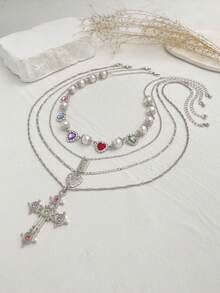 4pcs/Set Fashionable Elegant Sparkling Rhinestone Imitation Gemstone Heart-Shaped Faux Pearl Beaded Geometric Thin Chain Cross Heart Pendant Charming Metal Layered Necklace, Luxurious Suitable For Wedding, Party, Holiday, Daily Casual, Street Snap, Women & Couples Gift - Necklace - View 8
