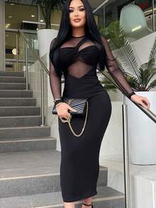 Nuevos colores sólidos malla manga larga cuello redondo slim fit cintura alta bolsa cadera vestido largo medio moda - Negro - Ver 1