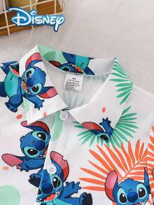 Disney Stitch Boys' Summer Short Sleeve Printed Shirt, Young Boy Fashion Casual Cardigan Collared Cute Stitch Outdoor Holiday Everyday Basic Top - White - View 3