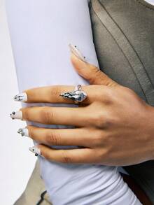 1pc Gothic Style Crow & Skull Open Ring With Atmospheric Elements - Antique Silver - View 4