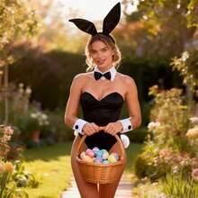 Bunny Costume Accessories Set Ear Headband Arm Cuffs Tail Bowtie Rabbit Cosplay Accessories For Halloween Stages - Black - View 4