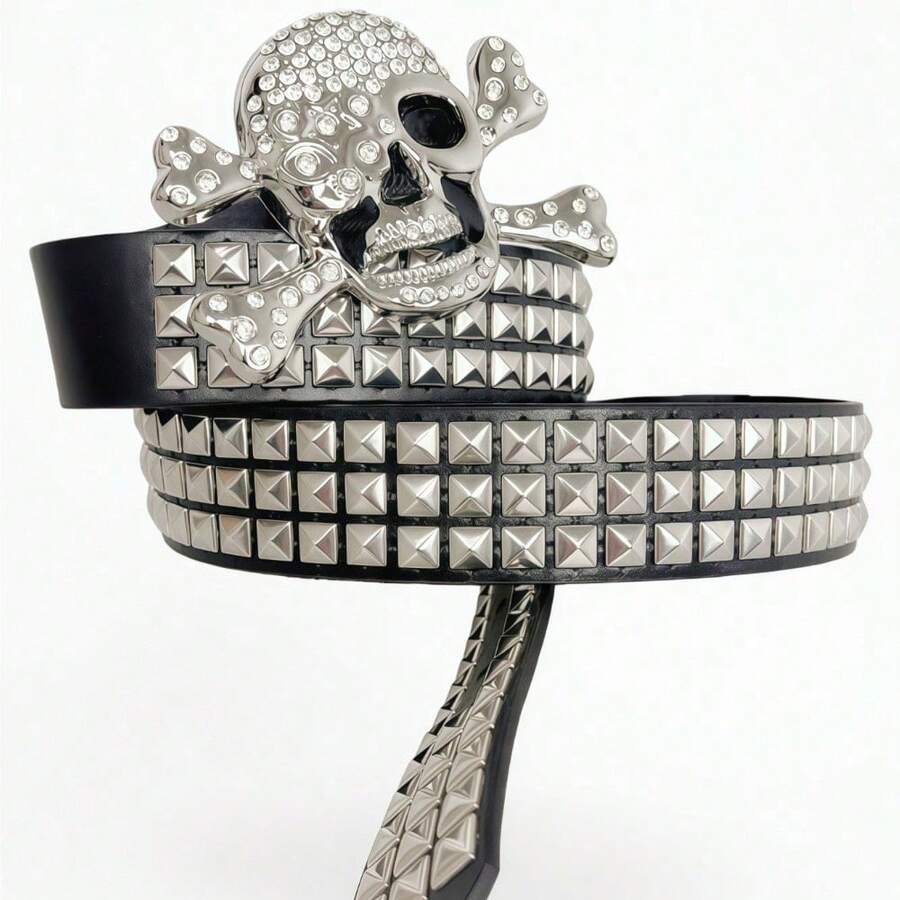 Studded Rhinestone Belt Classic Versatile Belt - Black - View 1