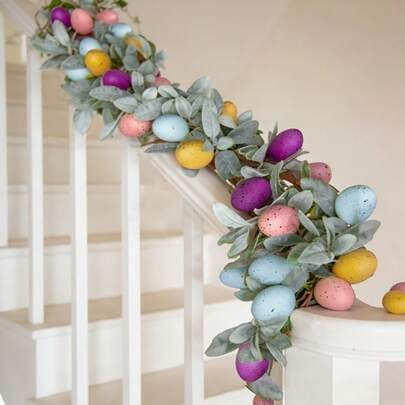 Vintage Easter Decoration, Artificial Easter Egg Garland With Nordic Lambs Ear Leaves & Spring Eggs, Easter Wreath, Hanging Decorations For Easter, Table Decoration For Holiday Party, Spring Decorations For Home, Easter Indoor Outdoor Home Festival Celebrations