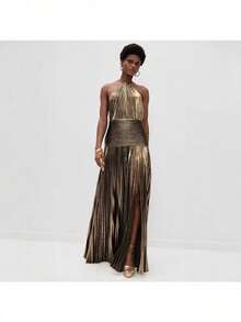 Sleeveless Backless Women's Metallic Pleated Split Strap Neck Dress - 金色 - 查看 4