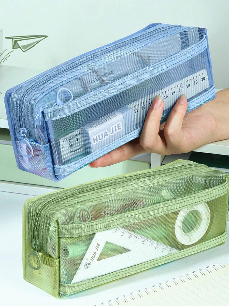 Mesh Pencil Case, Double Layer Large Capacity Transparent Stationery Bag, Student Exam Pencil Pouch, Middle School Exam Dedicated Stationery Bag - Multicolor - View 1