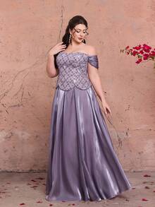 Plus Size Contrast Lace One-Shoulder Elegant Evening Dress, Pearl Decor, Ruffle Hem Maxi Dress, Suitable For Prom, Wedding, Party, Guest Outfit - 紫色 - 查看 1