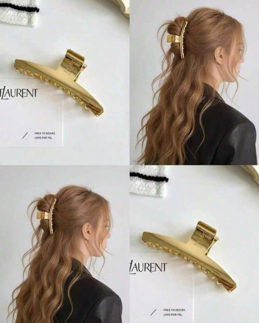 Yves Saint Laurent YSL Early Spring Limited Edition Gift, Large Gold-Tone Metal Hair Clip - Shiny Elegant Hair Accessory With Embossed Logo - Gold - View 1