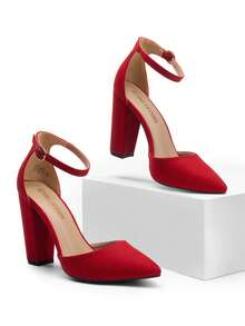Women Ankle Strap Chunky Heel High Heels Pumps Closed Pointed Toe Fashionable Elegant Wedding Pump Shoes - Đỏ - Xem 1