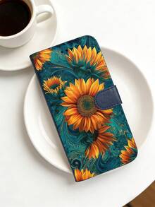 Vibrant Sunflower Art Floral Design, Premium Durable Flip Wallet Phone Case, Compatible With IPhone 16,15,14,13,12 Pro Max,11, With Foldable Stand And Credit Card Slots, Water-Resistant, Shockproof, Drop-Proof, Scratch-Resistant, Full Coverage Protection, Compatible With IPhone 17/17 Pro/17 Pro Max/17 Air. - Blue - View 1