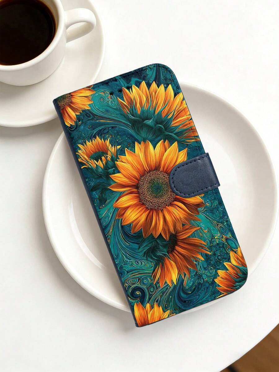 Vibrant Sunflower Art Floral Design, Premium Durable Flip Wallet Phone Case, Compatible With IPhone 16,15,14,13,12 Pro Max,11, With Foldable Stand And Credit Card Slots, Water-Resistant, Shockproof, Drop-Proof, Scratch-Resistant, Full Coverage Protection, Compatible With IPhone 17/17 Pro/17 Pro Max/17 Air. - Blue - View 1
