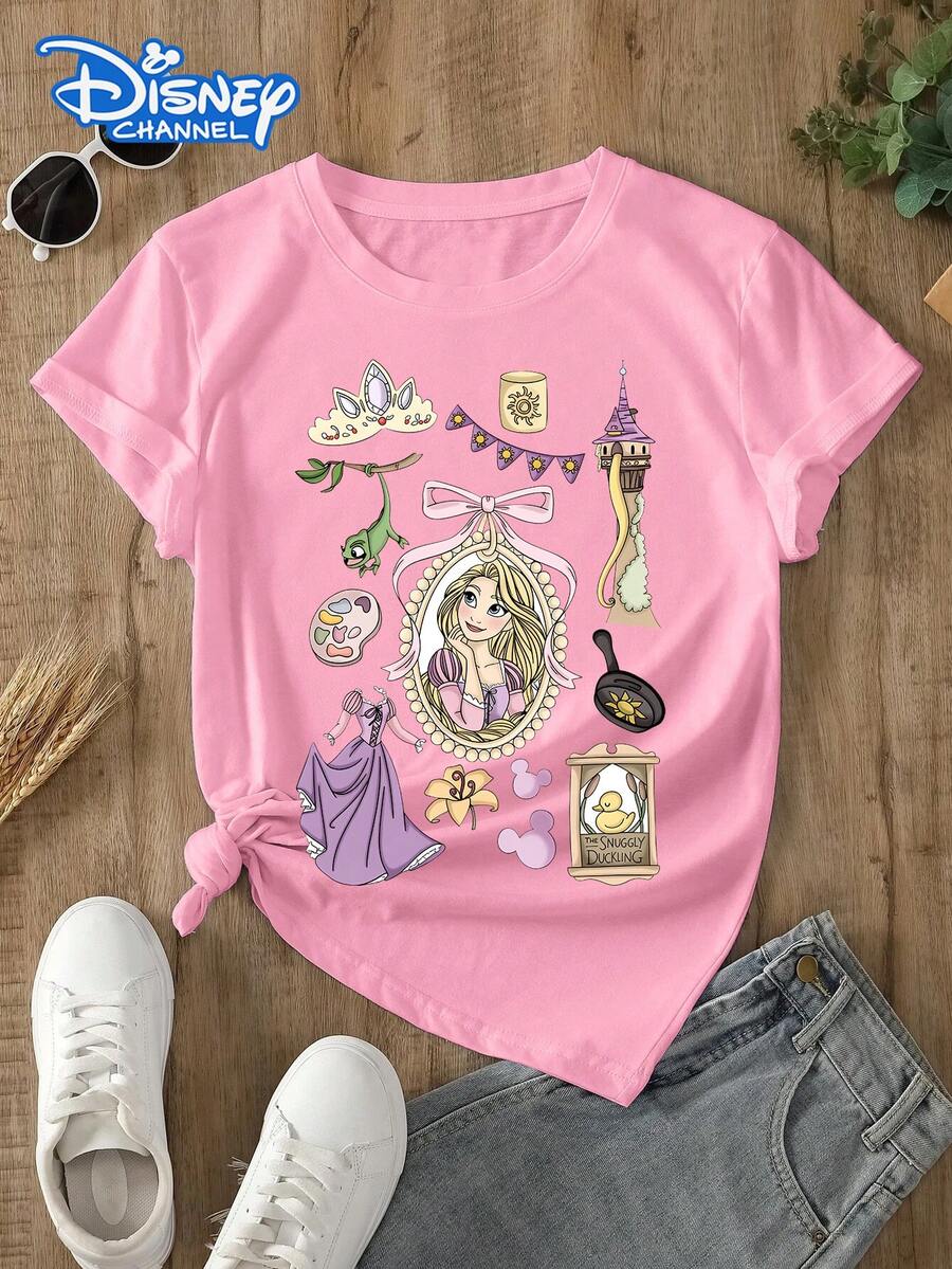 Disney Lady's T-Shirt, Featuring A Creative Cartoon Pattern Of Disney's Princess Lea, A Summer-Style Women's Round-Neck T-Shirt. The Fabric Is Soft, Comfortable And Breathable, Suitable For Daily Wear, Going Shopping, Traveling, Parties, And At Home. It Is Also Suitable As A Beautiful Gift. Every Lady Deserves To Own One. - 粉色 - 查看 1