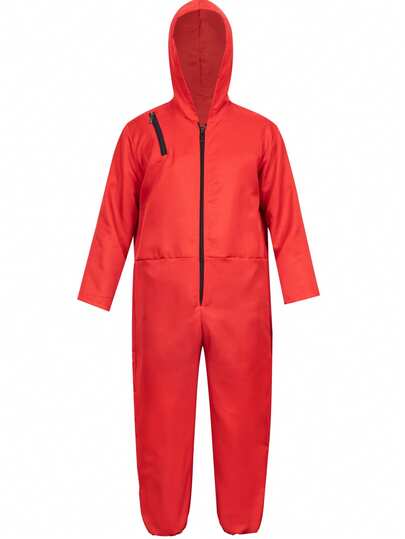 1pc Red Bank Robber Costume, Halloween Outfit, Cosplay Jumpsuit For Kids & Adults