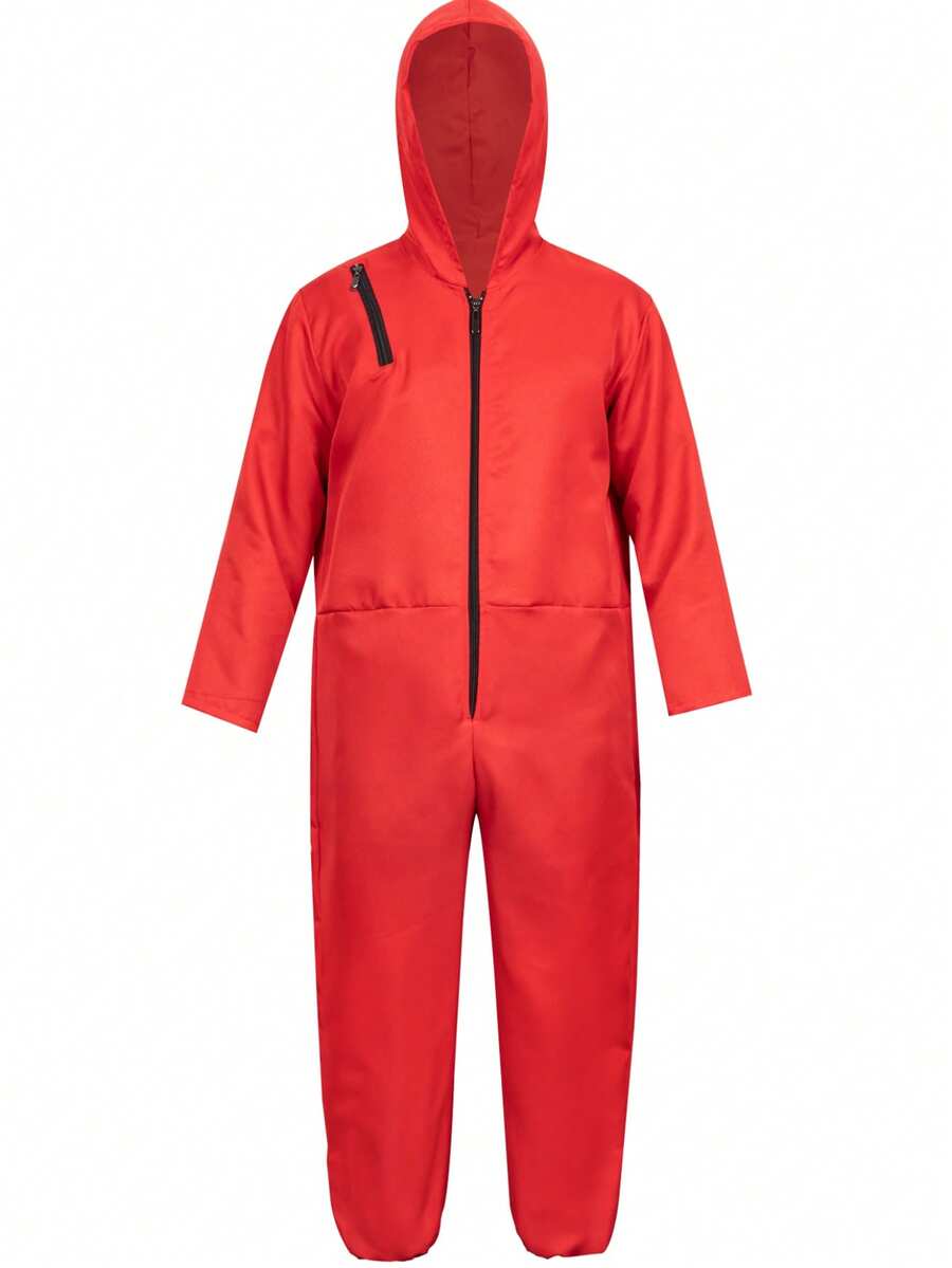 1pc Red Bank Robber Costume, Halloween Outfit, Cosplay Jumpsuit For Kids & Adults - Red - View 1