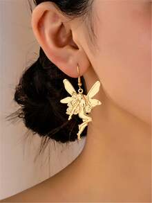 1 Pair Earrings, New European And American Style Metal Earrings, Sweet And Cute Fairy/Elf Cartoon Pendant Earrings For Girls - Yellow Gold - View 2