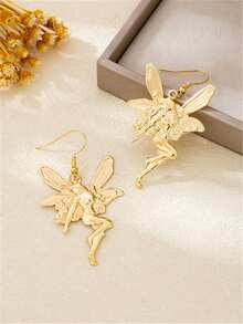 1 Pair Earrings, New European And American Style Metal Earrings, Sweet And Cute Fairy/Elf Cartoon Pendant Earrings For Girls - Yellow Gold - View 7