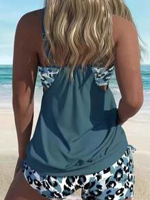 2pcs Fashionable Women Swimsuit Set, Full Cup Adjustable Spaghetti Strap Exposed Shoulder & Back, Printed Swim Shorts, Elegant Sexy, Hawaii Holiday Style, Summer Beach Vacation - 霧霾藍 - 查看 3