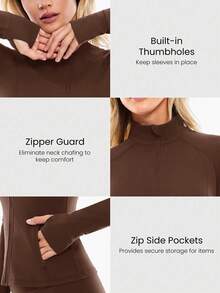 Slim-It Streamline Performance Secure Pockets Zip Up Long Sleeve Jacket Low Impact Yoga Daily Fall Glowmode Gym Clothes Women - Brown - View 3