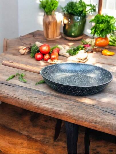 Sartén Antiadherente de 26 cm Mármol Negro Con Mango de Madera.