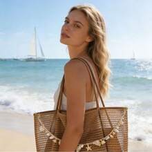 Oversized Crochet Mesh Beach Tote | Khaki & Beige Two-Tone Boho Bag | Jumbo Shell Accent Straw Bag - 卡其色 - 查看 3