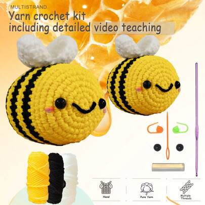 Kit de ganchillo de abeja familiar amarilla para principiantes con tutoriales en video paso a paso e ilustraciones de texto versión fácil de entender y aprender a tejer kit de animales con ganchos de ganchillo para regalo creativo de festival y cumpleaños --- Aguja respondiendo preguntas en línea (1 color seleccionado al azar de 8 colores, cantidad total enviada 1), marcadores de tejido (1-2 colores aleatorios de 8, cantidad total de 2 enviados) Gancho (1 color seleccionado al azar de 2 colores)