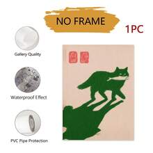 1pc Cat With A Fish Dark Green Poster, Funny Cat Wall Art, Wall Print, Funny Kitten Art, Japanese Aesthetic Artwork, Japandi Art Print, No Frame - Animal - View 9