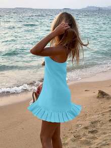 女士极简镂空性感沙滩罩衫吊带裙，适合夏季度假 - 薄荷藍 - 查看 4