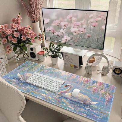 芭蕾风美学鼠标垫 - 浪漫天鹅恋爱设计，梦幻粉蓝湖泊花卉桌面垫，独特的印象派艺术礼物