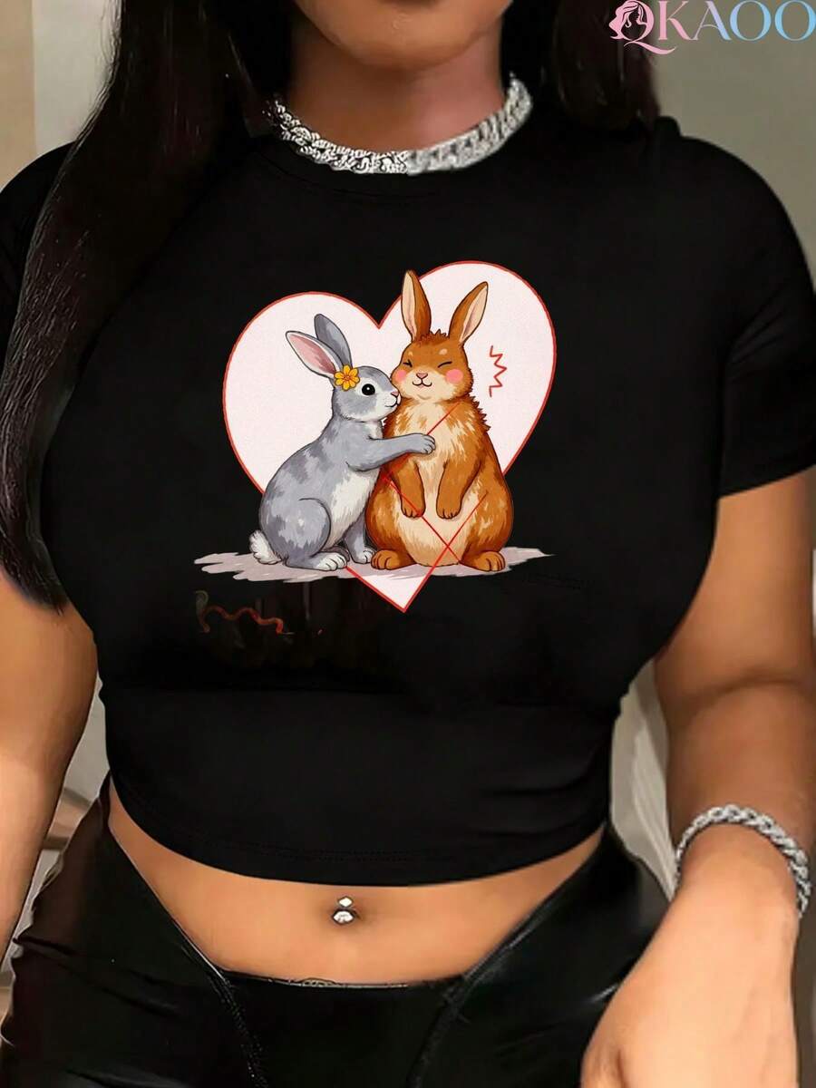 Women's Y2K Rabbit Print Cropped T-Shirt - Short Sleeve Slim Fit Tee With Rabbit, Round Neck Casual Top Suitable For Easter, St. Patrick's Day, Valentine's Day & America's 250th Anniversary Outfits - Black - View 1