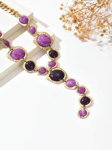 1件复古夸张时尚仿宝石Y形流苏长项链，粗犷饰品，巴洛克风格法式奢华几何项链吊坠，适合女性日常、派对、活动佩戴（宝石图案颜色和位置随机） - 紫色 - 查看 3