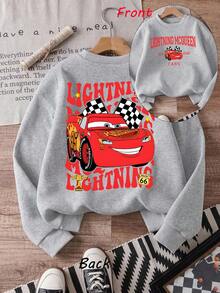 1pc Disney Lightning McQueen Retro Racing Graphic Tween Boys Casual Sweatshirt, Soft & Versatile, Ideal For Back To School & Weekend Hangouts - 灰色 - 查看 1