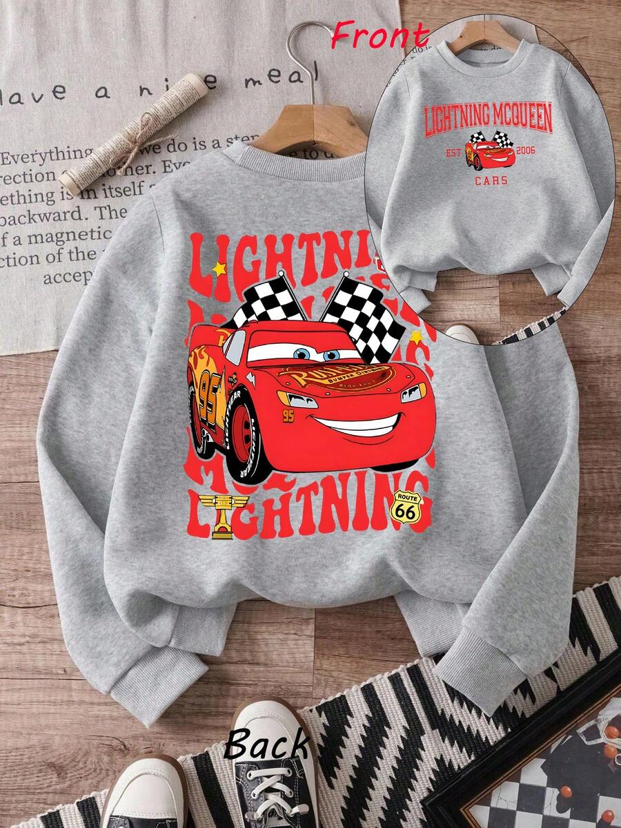 1pc Disney Lightning McQueen Retro Racing Graphic Tween Boys Casual Sweatshirt, Soft & Versatile, Ideal For Back To School & Weekend Hangouts - 灰色 - 查看 1