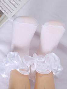 1 Pair Girls' Solid Color Cotton Double-Layer Bow Ruffle Socks, Princess Style Short Socks, Breathable For Spring/Summer - White - View 6