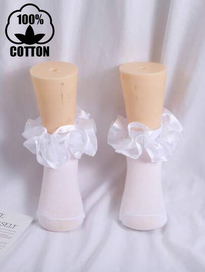 1双女童纯色棉质双层蝴蝶结荷叶边短袜，公主风，透气，适合春夏穿着
