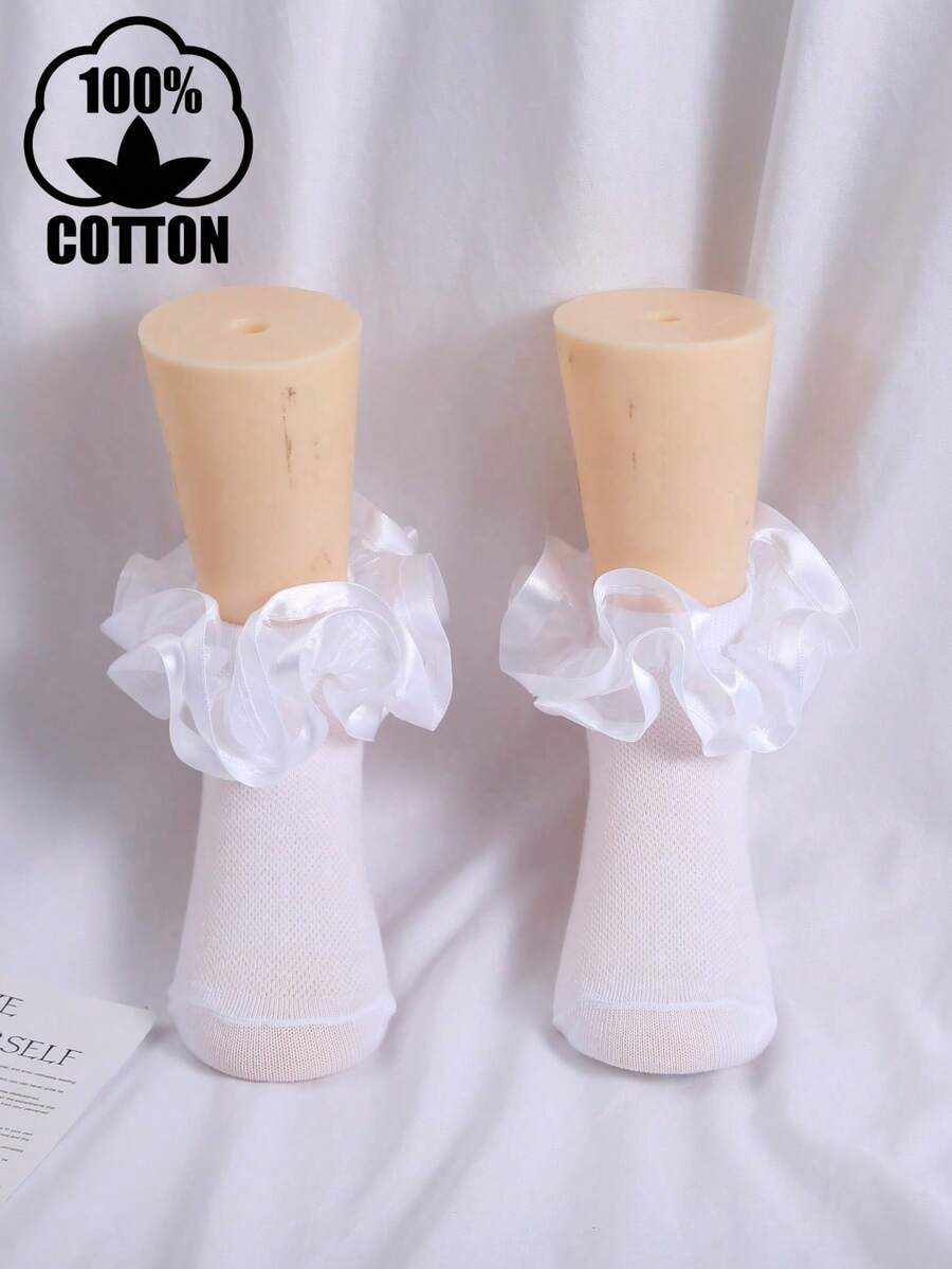 1 Pair Girls' Solid Color Cotton Double-Layer Bow Ruffle Socks, Princess Style Short Socks, Breathable For Spring/Summer - White - View 1