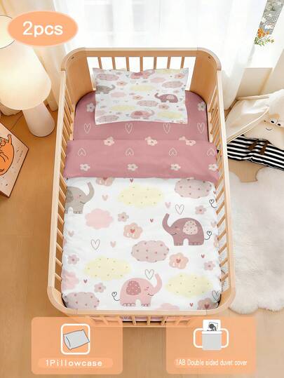 1 Juego de Edredones para Bebé, Estampado de Elefantes y Nubes, Hecho de Material de Poliéster con Impresión Digital, Adecuado para Bebés Niños y Niñas, Decoración de Dormitorio, Regalos y Días Festivos. Incluye 1 Edredón Reversible y 1 Funda de Almohada de Una Sola Cara.