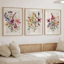 Bộ tranh không khung, 3 bức tranh nghệ thuật trang trí tường họa tiết hoa màu nước, tranh canvas phong cách Boho, tranh in hoa dại retro trung tính, trang trí phòng khách, nghệ thuật trang trí nhà hiện đại, quà tặng trang trí nhà sáng tạo lý tưởng. - hoa - Xem 1