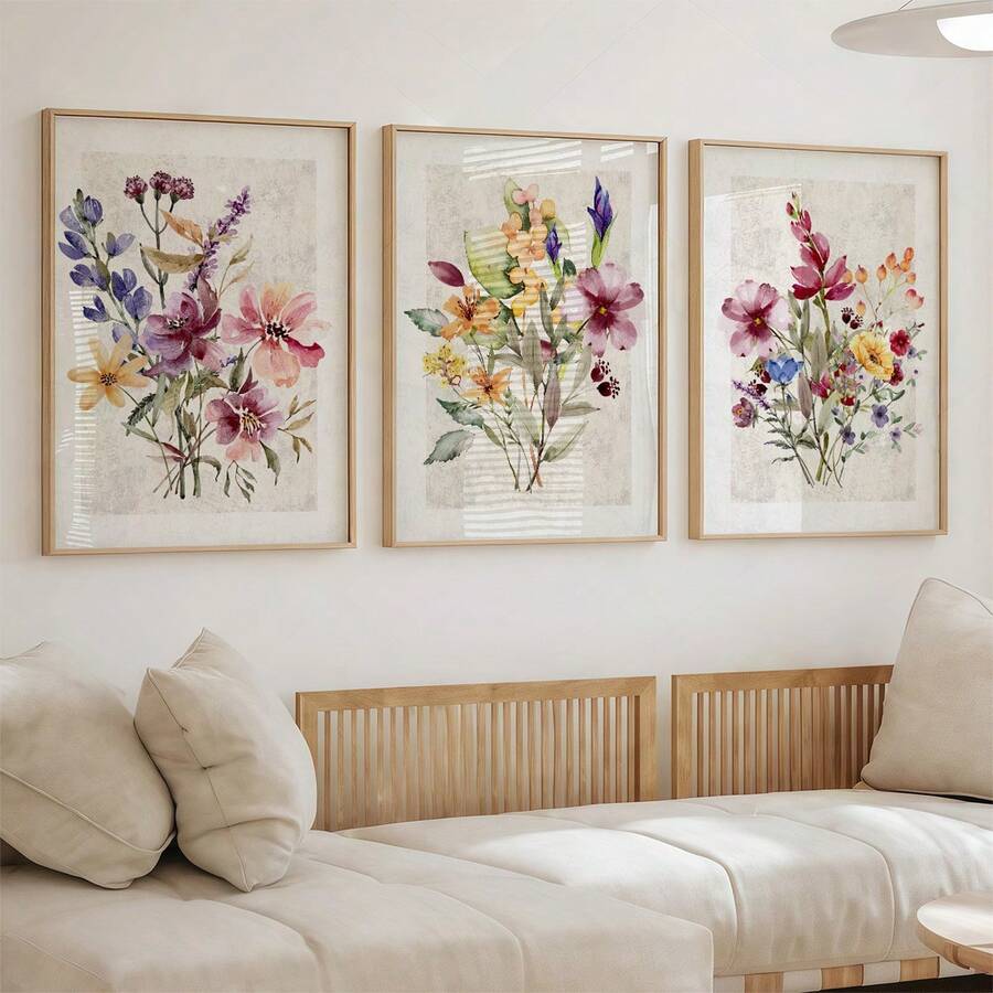 Bộ tranh không khung, 3 bức tranh nghệ thuật trang trí tường họa tiết hoa màu nước, tranh canvas phong cách Boho, tranh in hoa dại retro trung tính, trang trí phòng khách, nghệ thuật trang trí nhà hiện đại, quà tặng trang trí nhà sáng tạo lý tưởng. - hoa - Xem 1