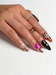 NAIO 10片/套 春夏手工按压式美甲贴片，短款杏仁甲片，Y2K 酷炫风格，法式指甲油，黑色、粉色、棕色和白色，饰以鳄鱼纹花卉图案、猫眼图案、3D 宝石、星星、海星和金珠。适合女性和女孩，可用于派对、日常佩戴，附赠工具包，是送给女士美甲爱好者的绝佳礼物。 - 彩色 - 查看 4