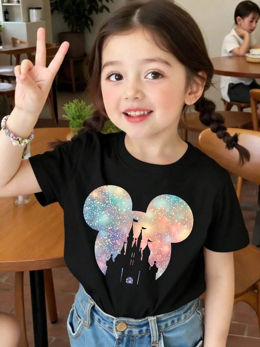 Camisetas con estampado del Castillo de Mickey Mouse de Disney para niñas - Diseño de ropa infantil de estilo corto, casual y lindo. Cómodo y casual para usar todo el año, adecuado para fiestas y juegos. Lavable a máquina. Regalo de ropa infantil, camisetas de manga corta para niñas - Negro - Ver 1