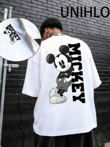 Disney UNIHLO  Street Life Men's Casual Loose  Mickey  Cartoon  Print Short Sleeve T-ShirtSummer - 白色 - 查看 1
