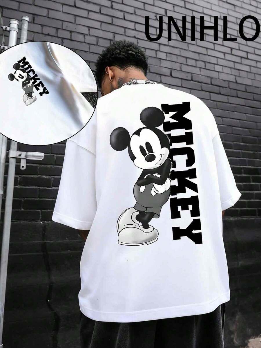Disney UNIHLO  Street Life Men's Casual Loose  Mickey  Cartoon  Print Short Sleeve T-ShirtSummer - 白色 - 查看 1