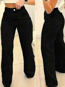 Women's Straight-Leg Loose Casual Denim Jeans With Pockets, Versatile - Đen 2 - Xem 2