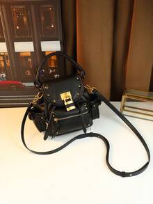 Fashionable Retro Rivet Lock Motorcycle Handbag, High-End Versatile Commuter Shoulder Crossbody Multifunctional Stylish Backpack - Black - View 3