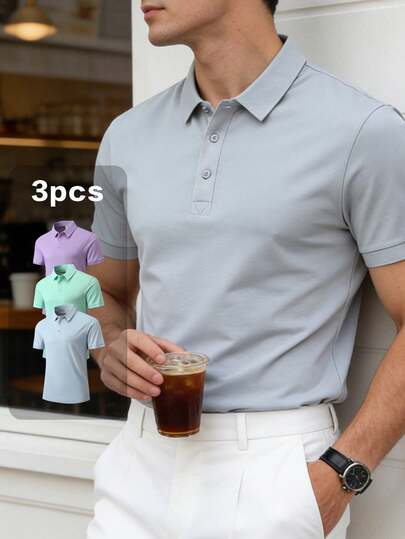 3件装男士纯色短袖休闲通勤Polo衫，适合高尔夫运动，黑色Polo衫