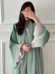 Váy midi một mảnh thời trang và tối giản với họa tiết phối màu, tay bồng, kiểu dáng Trung Đông, màu trơn dành cho nữ, áo choàng cardigan thanh lịch, phù hợp cho mặc hàng ngày và các dịp lễ hội mùa xuân. - Màu xanh Bạc hà - Xem 1